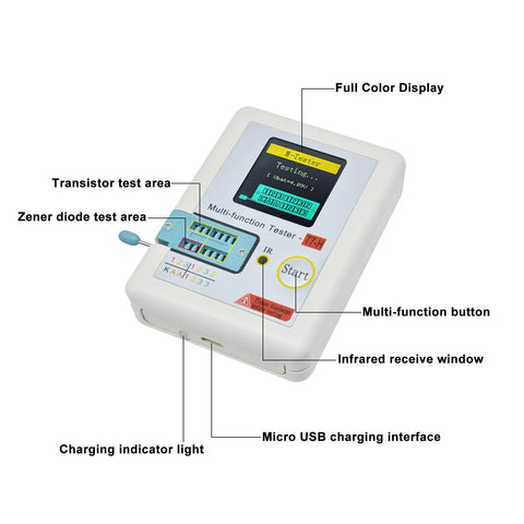 Upgraded LCR Meter Transistor Tester T7 TC T7 H With Graphical LCD ESR Tester showing button and test areas