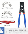 All In One Ratchet PEX Cinch Tool With Remove Function For Three Eighths To One Inch Stainless Steel Clamps Includes Twenty Half Inch And Ten Three Quarter Inch PEX Clamps Plus Pipe Cutter A Real Workhorse For Fast Clean Clamp Success displayed with clamps and cutter