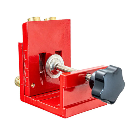 Solid As A Rock Aluminum Pocket Hole Jig With No Sweat Setup For Custom Furniture And Cabinet Build Adjustable Drill Depth Ranging Twelve To Forty Five Millimeters Killer Woodworking Gear red pocket hole jig with adjustable clamp