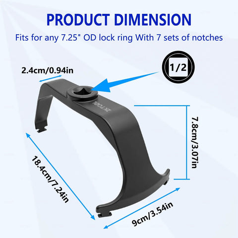 6599 Fuel Tank Lock Ring Tool dimensions showing ergonomic design in phosphate-coated steel with lock ring fitment