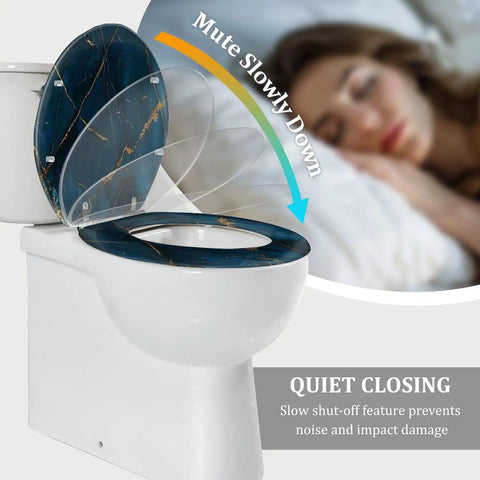 Toilet Seat Round Resin for Bathroom with a blue marble design, features quiet closing mechanism, fits standard toilets.