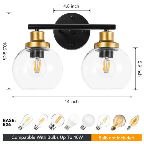 2 Light Vanity Fixture With Clear Globe Shade Black And Gold Finish Modern Wall Sconce For Bathroom Mirror