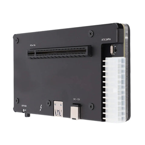 Buttery Smooth External GPU Dock and Heavy Duty EGPU Enclosure showing rear inputs with PCIe slot and power connectors.