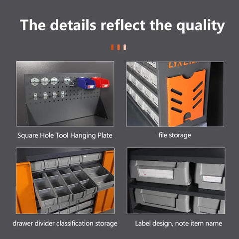 Upgrade Your Workshop Gang Setup With This Straight Up Solid Rolling Tool Cart Featuring Industrial Plastic Drawers A Perforated Pegboard Backer Custom Diy Compartments For Screws And Portable Document Pouches Built For Peace Of Mind, showing pegboard tool storage.