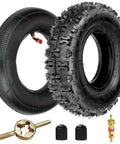 4.10-6 NHS Tire And Inner Tube Set For Go Karts, ATVs, Lawns, Garden Carts, Mini Bikes, Wheelbarrows, Rototillers And Snow Blowers With Bent Valve Stem, Fits 6 Inch Rim, 4.10-3.50-6 Compatibility, Two Pack shows tire, tube, valve cores, caps.
