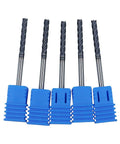 Front view: five 1/8in solid carbide long end mills, 4-flute, 30° helix, with blue holders