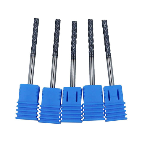 Front view: five 1/8in solid carbide long end mills, 4-flute, 30° helix, with blue holders