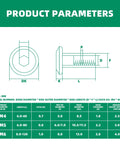 Product parameters for Thirty Pack Of Solid Binding Post Screws With Socket Cap Heads M4 M5 M6 By 10mm Long featuring detailed measurements.