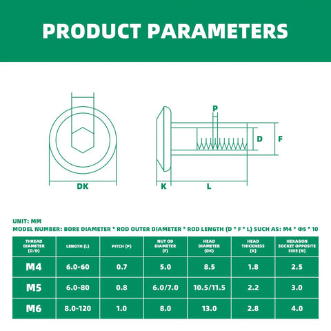 Product parameters for Thirty Pack Of Solid Binding Post Screws With Socket Cap Heads M4 M5 M6 By 10mm Long featuring detailed measurements.