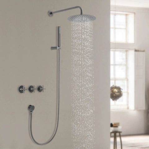 Shower System 10 Inch Wall Mounted Rainfall Head Combo with Handheld Spray featuring stainless steel and soft silicone nozzle.