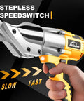 AUTOJARE Cordless Metal Shear Brushless Cutter 295 Ft Lbs Torque with stepless speed switch for cutting metal.