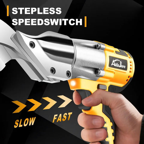 AUTOJARE Cordless Metal Shear Brushless Cutter 295 Ft Lbs Torque with stepless speed switch for cutting metal.