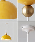 MIELPOXS Modern Dome Pendant Light Iron Metal Hanging Ceiling Fixture in yellow with decorative gold sphere accent