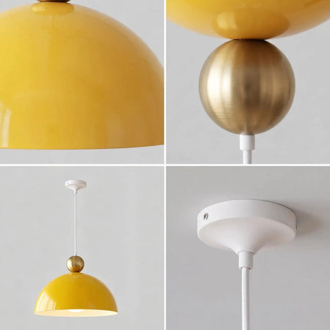 MIELPOXS Modern Dome Pendant Light Iron Metal Hanging Ceiling Fixture in yellow with decorative gold sphere accent