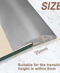 Close-up of gray PVC transition strip dimensions showing 35mm width, 5mm height, part of 10Ft Floor Transition Strip Self Adhesive Carpet Edging Trim For Thresholds Under 5 Mm Gray Easy Peel And Stick Durable PVC Edge Protector For Carpet To Hardwood Transitions No Tools Required.