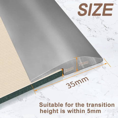 Close-up of gray PVC transition strip dimensions showing 35mm width, 5mm height, part of 10Ft Floor Transition Strip Self Adhesive Carpet Edging Trim For Thresholds Under 5 Mm Gray Easy Peel And Stick Durable PVC Edge Protector For Carpet To Hardwood Transitions No Tools Required.