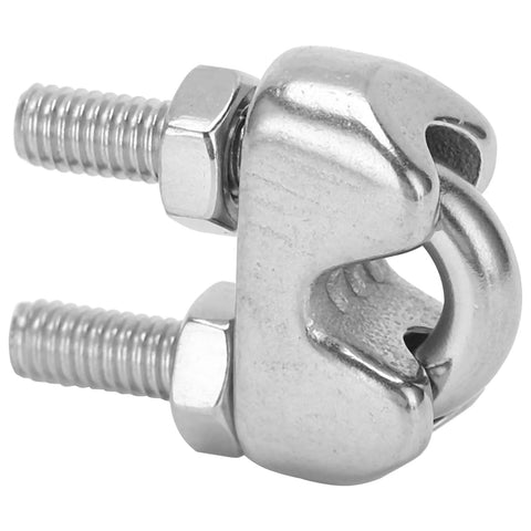 Wire rope clip, stainless steel U-bolt saddle clamp for boating; two bolts visible