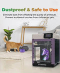 Room setup showing AD5M 3D Printer Enclosure Dustproof Protective Cover, constant temperature, quiet printing for ABS, ASA, PC filaments.