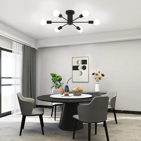 Dope Black Modern Sputnik Ceiling Light Fixture 6 Light Chandelier, Semi Flush Mount For Dining Room, Kitchen, Bedroom, And Living Room, E26 Socket Home Lighting in dining room setting