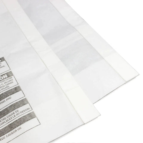 Heavy Duty Five Pack Shop Vacuum Bags Compatible With One Five Gallon Wet Dry Cleaners, flat white bags with labels.