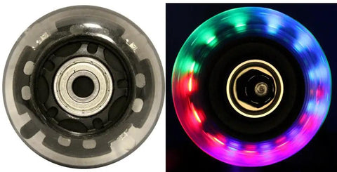 Close-up of 64mm light up inline skate wheel with ABEC 9 bearings; LED glow showing centrifugal force effect.