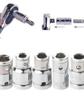 Must Have Hex Socket Adapter Kit forged from tough CR-V Steel Transforms Your 1/4 3/8 And 1/2 Inch Square Drive Ratchets Into Super Cool Screwdriver Bits For Any Drilling Or Driving Job Fast, 5-piece chrome vanadium adapter set