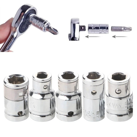 Must Have Hex Socket Adapter Kit forged from tough CR-V Steel Transforms Your 1/4 3/8 And 1/2 Inch Square Drive Ratchets Into Super Cool Screwdriver Bits For Any Drilling Or Driving Job Fast, 5-piece chrome vanadium adapter set