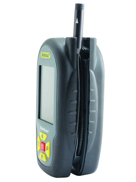 Side view of PalmScope Compact Borescope Video Inspection Camera Grey, pocket-sized handheld, drop-proof housing with LCD