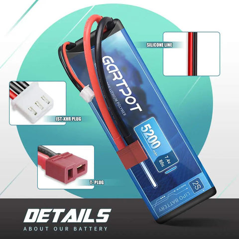 Beefy 5200mAh 2S 7.4V 80C LiPo RC Battery Hard Case With T Plug For RC Cars Trucks Truggy Helis Airplanes Drones FPV 2 Pack