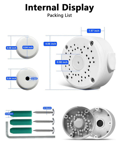 Weatherproof Outdoor Junction Box For CCTV Cameras with mounting screws and internal components.