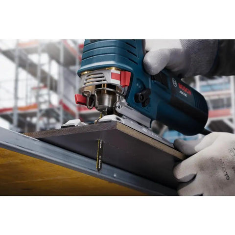 Worker using Three Pack Three And Five Eighth Inch Fourteen TPI Carbide Strip Jigsaw Blades T Shank For Laminates With Ten Times Life