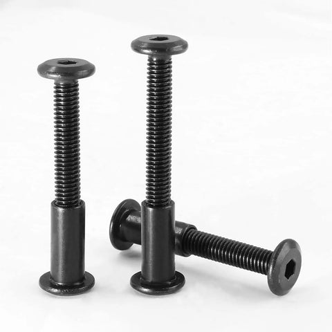 Close-up of 10 Pack M6x40mm Hex Socket Cap Bolts With Allen Wrench Set Includes 10 Barrel Nuts For Furniture Connectors Crib Replacement Cabinets Black Finish Heavy Duty Countersunk Screws 20 Pieces Total.