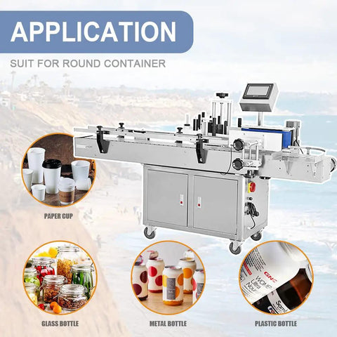 Smooth Operator Automatic Round Bottle Labeler With Date Coder And Smart Panel For Cans And Wine Packaging 110V System shown with various round containers.