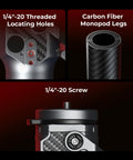 Details of carbon fiber camera monopod with one touch height adjustment and 5kg payload ball head 65.6 inch reach.