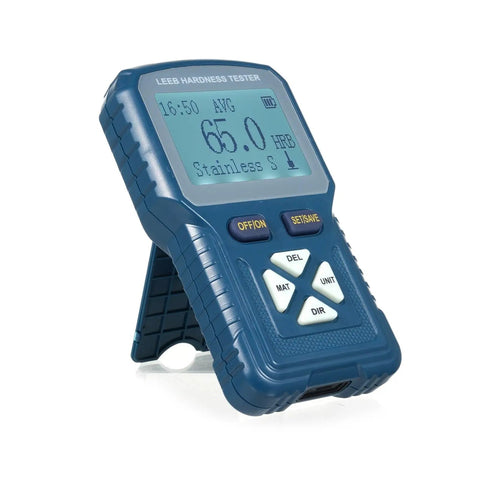 Rugged Digital Metal Hardness Tester Kit With Boss Level Display And Straight Reading HLD HB HV HRA HRB HRC Scales Plus Heavy Duty Strike Hammer For Garage Jobs, handheld device showing digital readout.