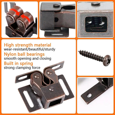 Heavy Duty Double Roller Cabinet Latch Bronze Copper Finish 2 Pack Spring Loaded Door Catch showing strong clamping force and nylon ball bearings.