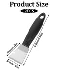Stainless Steel 3D Printer Scraper Tool With Large Head For Resin Removal And Model Stripping with measurements and black handle.