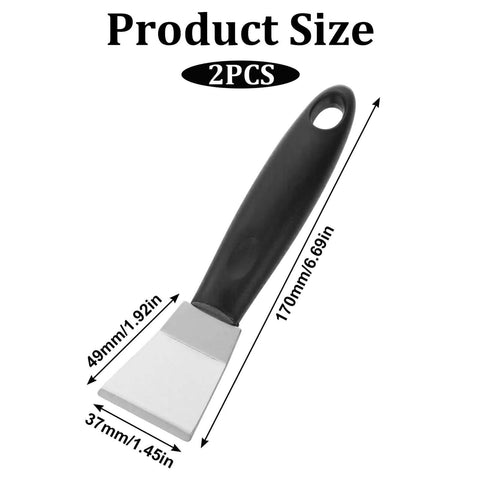 Stainless Steel 3D Printer Scraper Tool With Large Head For Resin Removal And Model Stripping with measurements and black handle.