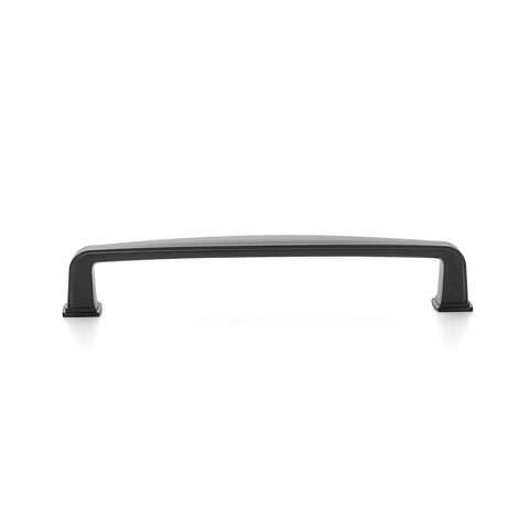 Front view of a matte black pull from the 30 Pack Solid 5 Inch Cabinet Handles Matte Black Pulls For Kitchen Drawers And Cabinets, durable steel construction.
