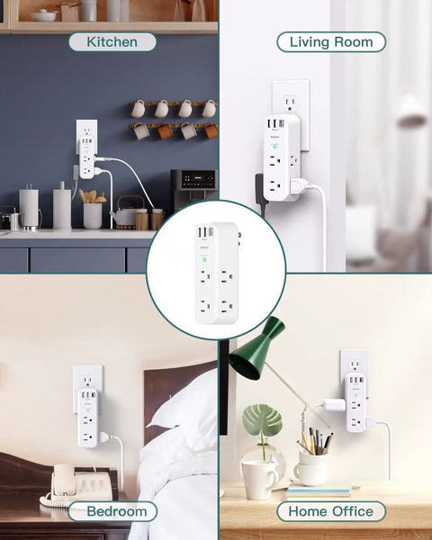 Rotating Outlet Extender With Six AC Outlets And Three USB Ports Including One USB C Three-Sided Slim Power Strip in different rooms
