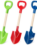 Three Piece Metal Beach Shovel Set For Kids, 16 Inch Sand Shovels with Wooden Handles, Rugged Sandbox Spades, Travel Beach Toy