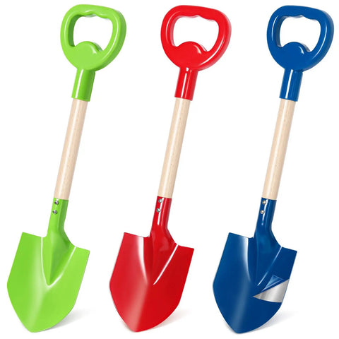 Three Piece Metal Beach Shovel Set For Kids, 16 Inch Sand Shovels with Wooden Handles, Rugged Sandbox Spades, Travel Beach Toy