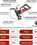 Heavy Duty Ring Power Cutter Saw With 9500W Brushless Motor And Integrated Water Pump showing features like stabilizing handle and safety switch.