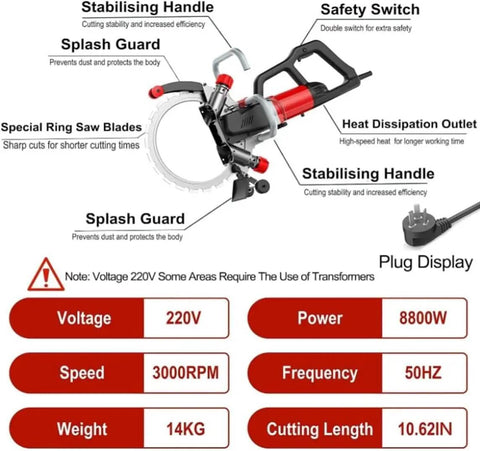Heavy Duty Ring Power Cutter Saw With 9500W Brushless Motor And Integrated Water Pump showing features like stabilizing handle and safety switch.