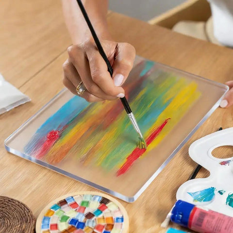 Artist using Gel Printing Plate 17.5x12.6cm For Monoprinting, Clear Silicone Reusable Printing Plate for colorful design creation.