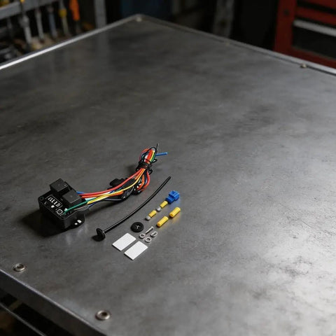 Digital Thermostatic Fan Switch Kit for 12V Motors and EVs Adjustable Temperature Activation 40C to 120C with prewired harness and relay accessories.