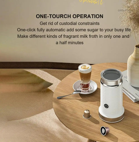 Fully Automatic Milk Frother For Hot Or Cold Foam, Electric Milk Warmer And Frother on wooden table with coffee cup