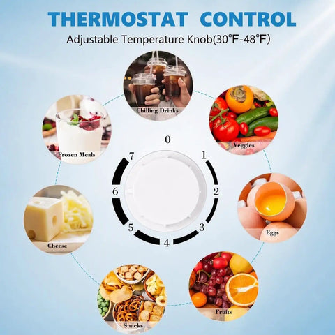 Adjustable thermostat control dial for Solid 1.6 Cu Ft Mini Fridge With Dedicated Freezer Knockout Compact Cooler.