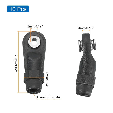 M4xL26mm Lever Steering Linkage Tie Rod Ball Head End For RC Crawler Car 10 Pcs Black, front and side view with 3mm hole