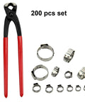 Front view of Leberna 200-piece stainless steel hose clamp set with pincers/crimper tool (5–33 mm)